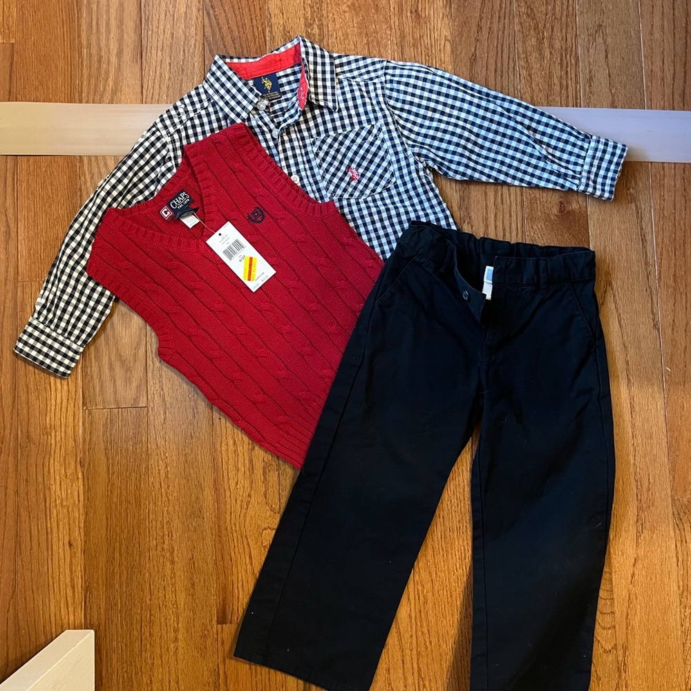 Adorable outfit w sweater vest, shirt and pants